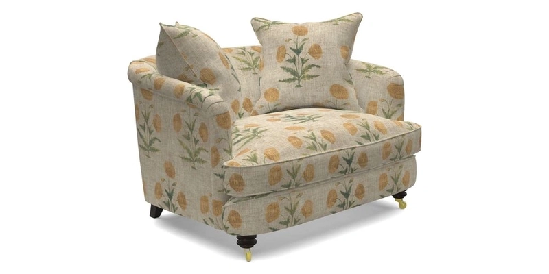 Helmsley Snuggler in V&A Threads of India Opulent Velvets Forest Creatures Hunter piping in Swiss Velvet Olive and scatter in Stockport Stripe Flame