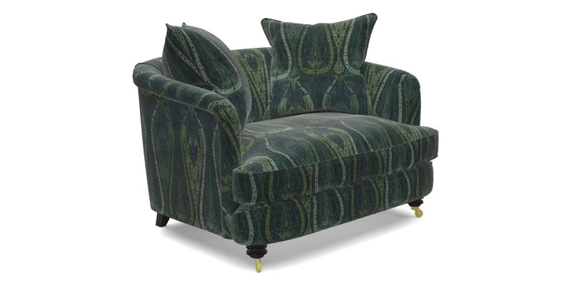 Helmsley Snuggler in V&A Threads of India Opulent Velvets Forest Creatures Hunter piping in Swiss Velvet Olive and scatter in Stockport Stripe Flame