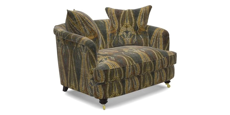 Helmsley Snuggler in V&A Threads of India Opulent Velvets Forest Creatures Hunter piping in Swiss Velvet Olive and scatter in Stockport Stripe Flame