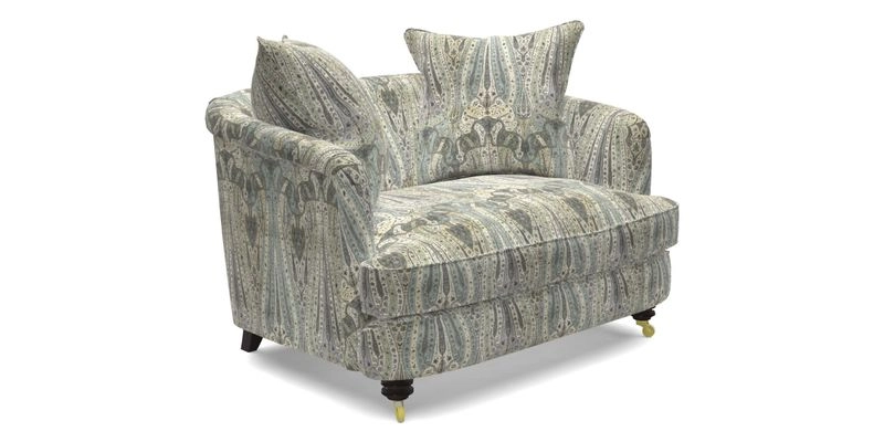 Helmsley Snuggler in V&A Threads of India Opulent Velvets Forest Creatures Hunter piping in Swiss Velvet Olive and scatter in Stockport Stripe Flame