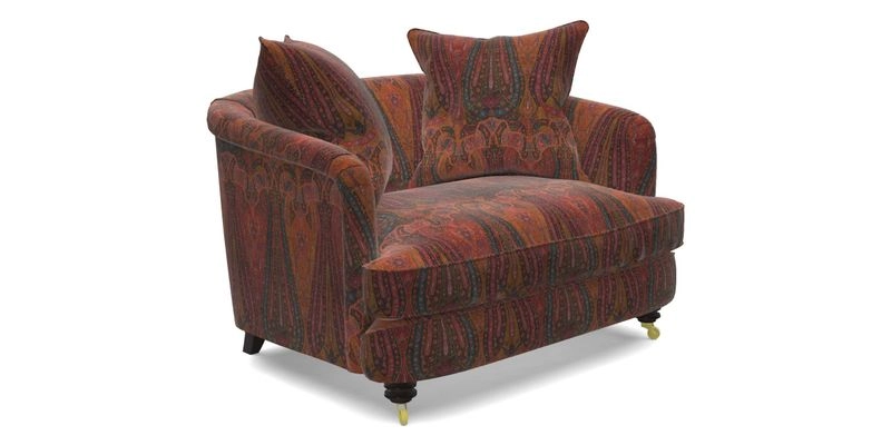 Helmsley Snuggler in V&A Threads of India Opulent Velvets Forest Creatures Hunter piping in Swiss Velvet Olive and scatter in Stockport Stripe Flame