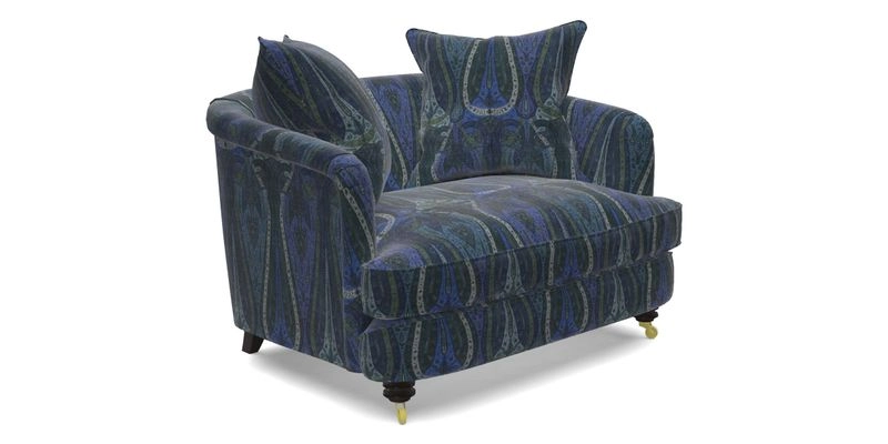 Helmsley Snuggler in V&A Threads of India Opulent Velvets Forest Creatures Hunter piping in Swiss Velvet Olive and scatter in Stockport Stripe Flame