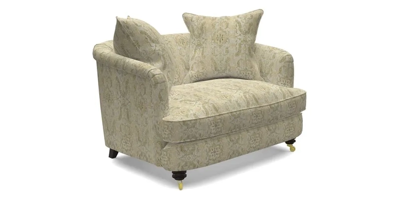 Helmsley Snuggler in V&A Threads of India Opulent Velvets Forest Creatures Hunter piping in Swiss Velvet Olive and scatter in Stockport Stripe Flame