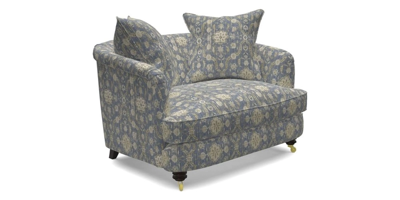 Helmsley Snuggler in V&A Threads of India Opulent Velvets Forest Creatures Hunter piping in Swiss Velvet Olive and scatter in Stockport Stripe Flame