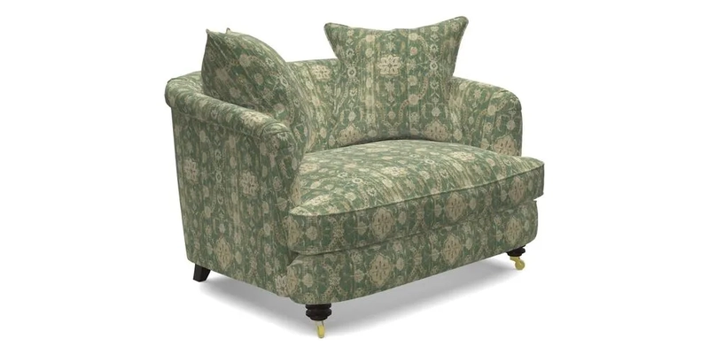 Helmsley Snuggler in V&A Threads of India Opulent Velvets Forest Creatures Hunter piping in Swiss Velvet Olive and scatter in Stockport Stripe Flame