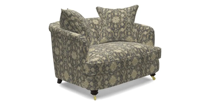 Helmsley Snuggler in V&A Threads of India Opulent Velvets Forest Creatures Hunter piping in Swiss Velvet Olive and scatter in Stockport Stripe Flame