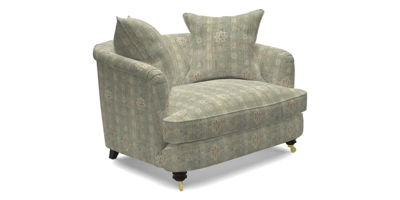 Helmsley Snuggler in V&A Threads of India Opulent Velvets Forest Creatures Hunter piping in Swiss Velvet Olive and scatter in Stockport Stripe Flame