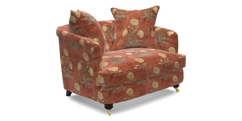 Helmsley Snuggler in V&A Threads of India Opulent Velvets Forest Creatures Hunter piping in Swiss Velvet Olive and scatter in Stockport Stripe Flame