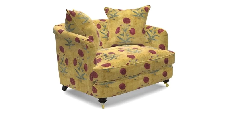 Helmsley Snuggler in V&A Threads of India Opulent Velvets Forest Creatures Hunter piping in Swiss Velvet Olive and scatter in Stockport Stripe Flame