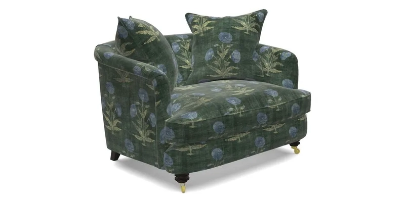 Helmsley Snuggler in V&A Threads of India Opulent Velvets Forest Creatures Hunter piping in Swiss Velvet Olive and scatter in Stockport Stripe Flame