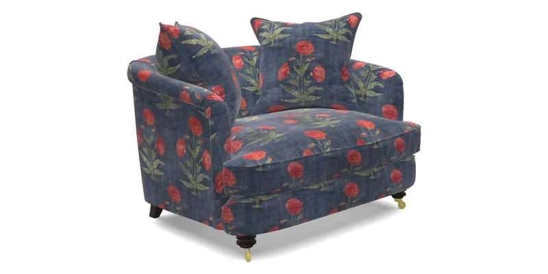 Helmsley Snuggler in V&A Threads of India Opulent Velvets Forest Creatures Hunter piping in Swiss Velvet Olive and scatter in Stockport Stripe Flame