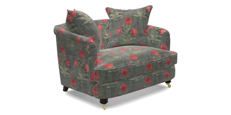 Helmsley Snuggler in V&A Threads of India Opulent Velvets Forest Creatures Hunter piping in Swiss Velvet Olive and scatter in Stockport Stripe Flame