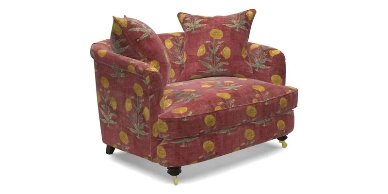 Helmsley Snuggler in V&A Threads of India Opulent Velvets Forest Creatures Hunter piping in Swiss Velvet Olive and scatter in Stockport Stripe Flame