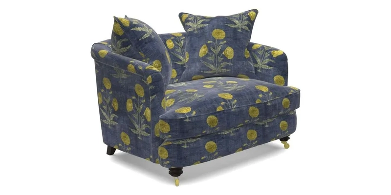 Helmsley Snuggler in V&A Threads of India Opulent Velvets Forest Creatures Hunter piping in Swiss Velvet Olive and scatter in Stockport Stripe Flame