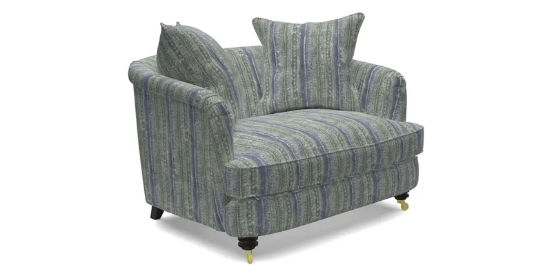 Helmsley Snuggler in V&A Threads of India Opulent Velvets Forest Creatures Hunter piping in Swiss Velvet Olive and scatter in Stockport Stripe Flame