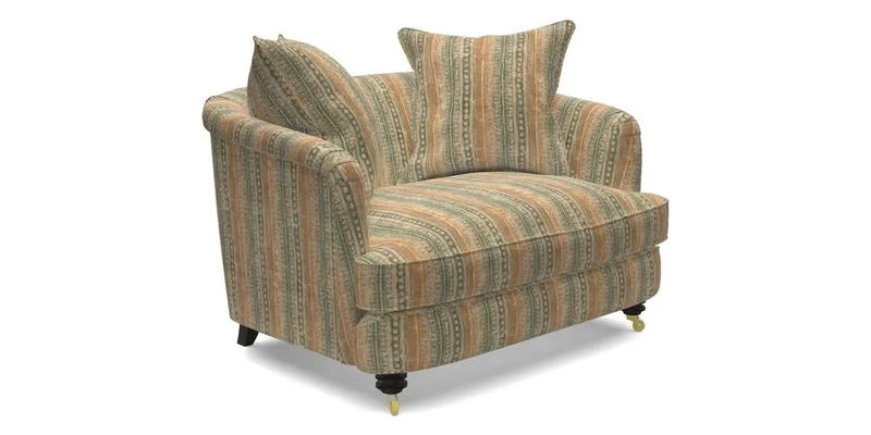 Helmsley Snuggler in V&A Threads of India Opulent Velvets Forest Creatures Hunter piping in Swiss Velvet Olive and scatter in Stockport Stripe Flame