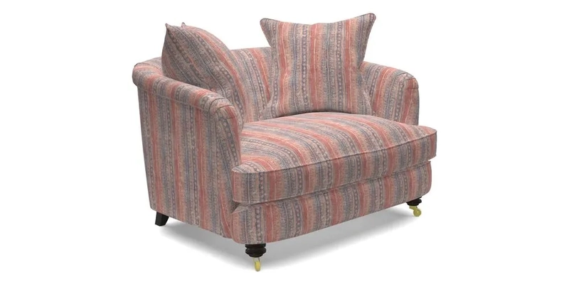 Helmsley Snuggler in V&A Threads of India Opulent Velvets Forest Creatures Hunter piping in Swiss Velvet Olive and scatter in Stockport Stripe Flame