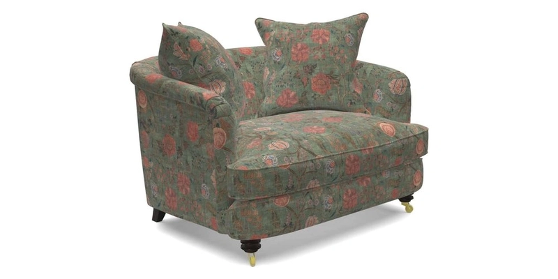 Helmsley Snuggler in V&A Threads of India Opulent Velvets Forest Creatures Hunter piping in Swiss Velvet Olive and scatter in Stockport Stripe Flame