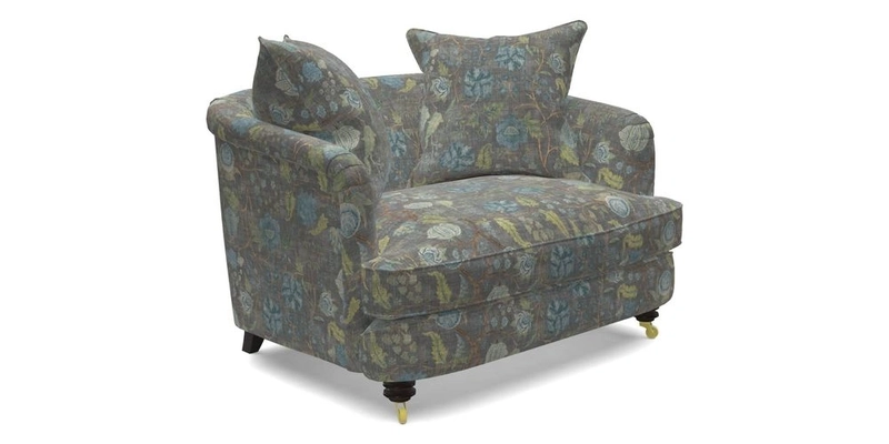 Helmsley Snuggler in V&A Threads of India Opulent Velvets Forest Creatures Hunter piping in Swiss Velvet Olive and scatter in Stockport Stripe Flame