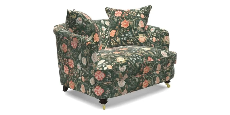 Helmsley Snuggler in V&A Threads of India Opulent Velvets Forest Creatures Hunter piping in Swiss Velvet Olive and scatter in Stockport Stripe Flame