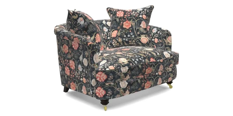 Helmsley Snuggler in V&A Threads of India Opulent Velvets Forest Creatures Hunter piping in Swiss Velvet Olive and scatter in Stockport Stripe Flame