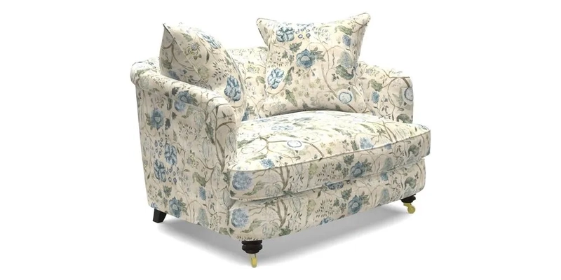 Helmsley Snuggler in V&A Threads of India Opulent Velvets Forest Creatures Hunter piping in Swiss Velvet Olive and scatter in Stockport Stripe Flame