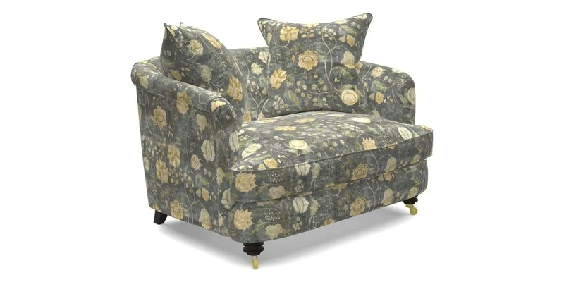 Helmsley Snuggler in V&A Threads of India Opulent Velvets Forest Creatures Hunter piping in Swiss Velvet Olive and scatter in Stockport Stripe Flame