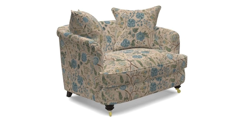 Helmsley Snuggler in V&A Threads of India Opulent Velvets Forest Creatures Hunter piping in Swiss Velvet Olive and scatter in Stockport Stripe Flame