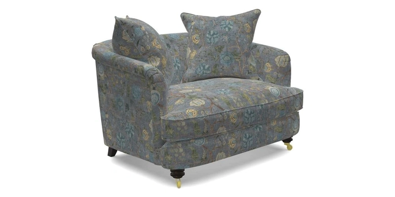 Helmsley Snuggler in V&A Threads of India Opulent Velvets Forest Creatures Hunter piping in Swiss Velvet Olive and scatter in Stockport Stripe Flame