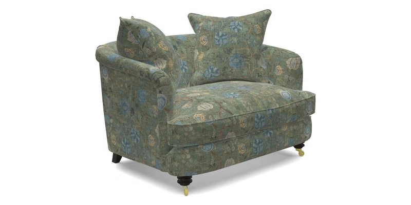 Helmsley Snuggler in V&A Threads of India Opulent Velvets Forest Creatures Hunter piping in Swiss Velvet Olive and scatter in Stockport Stripe Flame