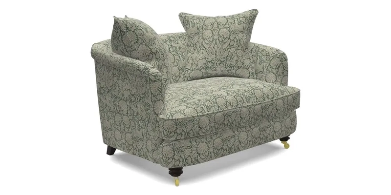 Helmsley Snuggler in V&A Threads of India Opulent Velvets Forest Creatures Hunter piping in Swiss Velvet Olive and scatter in Stockport Stripe Flame