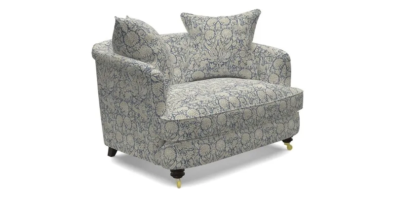 Helmsley Snuggler in V&A Threads of India Opulent Velvets Forest Creatures Hunter piping in Swiss Velvet Olive and scatter in Stockport Stripe Flame