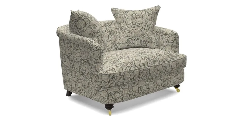 Helmsley Snuggler in V&A Threads of India Opulent Velvets Forest Creatures Hunter piping in Swiss Velvet Olive and scatter in Stockport Stripe Flame