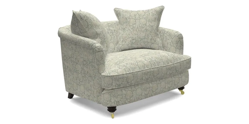 Helmsley Snuggler in V&A Threads of India Opulent Velvets Forest Creatures Hunter piping in Swiss Velvet Olive and scatter in Stockport Stripe Flame