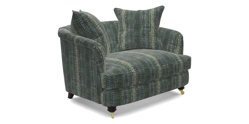 Helmsley Snuggler in V&A Threads of India Opulent Velvets Forest Creatures Hunter piping in Swiss Velvet Olive and scatter in Stockport Stripe Flame