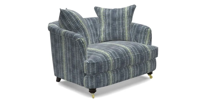 Helmsley Snuggler in V&A Threads of India Opulent Velvets Forest Creatures Hunter piping in Swiss Velvet Olive and scatter in Stockport Stripe Flame