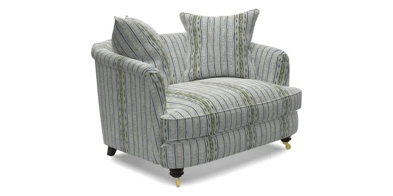 Helmsley Snuggler in V&A Threads of India Opulent Velvets Forest Creatures Hunter piping in Swiss Velvet Olive and scatter in Stockport Stripe Flame