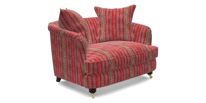 Helmsley Snuggler in V&A Threads of India Opulent Velvets Forest Creatures Hunter piping in Swiss Velvet Olive and scatter in Stockport Stripe Flame