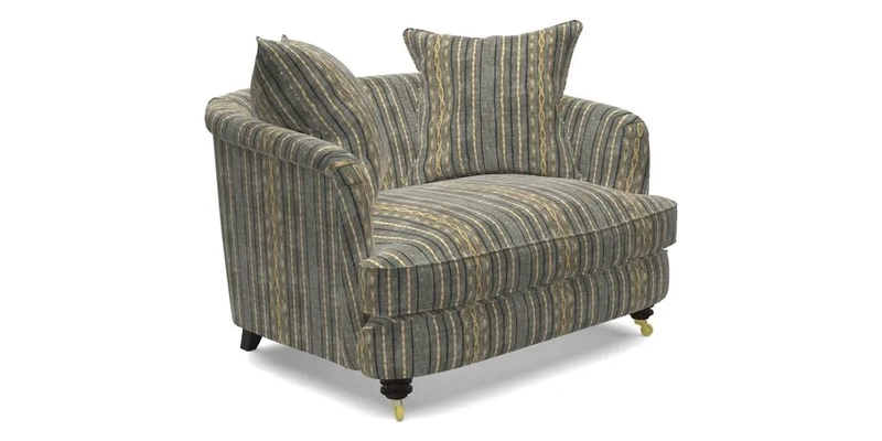 Helmsley Snuggler in V&A Threads of India Opulent Velvets Forest Creatures Hunter piping in Swiss Velvet Olive and scatter in Stockport Stripe Flame