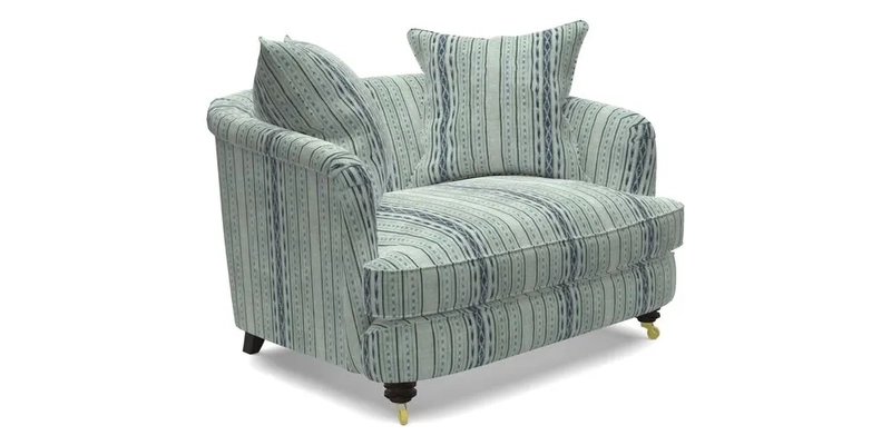 Helmsley Snuggler in V&A Threads of India Opulent Velvets Forest Creatures Hunter piping in Swiss Velvet Olive and scatter in Stockport Stripe Flame