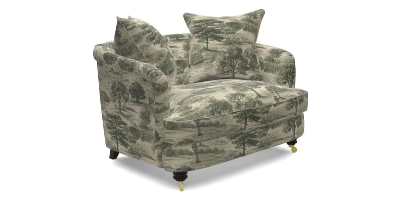 Helmsley Snuggler in V&A Threads of India Opulent Velvets Forest Creatures Hunter piping in Swiss Velvet Olive and scatter in Stockport Stripe Flame