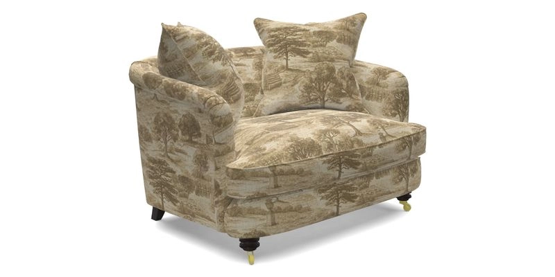 Helmsley Snuggler in V&A Threads of India Opulent Velvets Forest Creatures Hunter piping in Swiss Velvet Olive and scatter in Stockport Stripe Flame