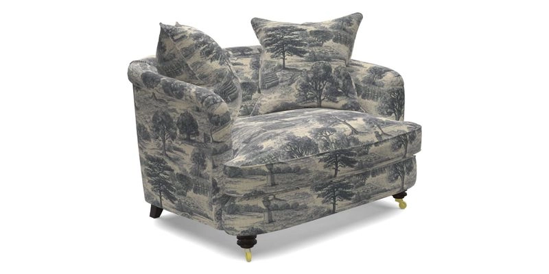 Helmsley Snuggler in V&A Threads of India Opulent Velvets Forest Creatures Hunter piping in Swiss Velvet Olive and scatter in Stockport Stripe Flame