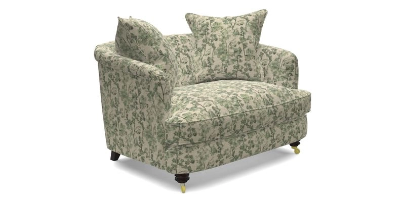 Helmsley Snuggler in V&A Threads of India Opulent Velvets Forest Creatures Hunter piping in Swiss Velvet Olive and scatter in Stockport Stripe Flame