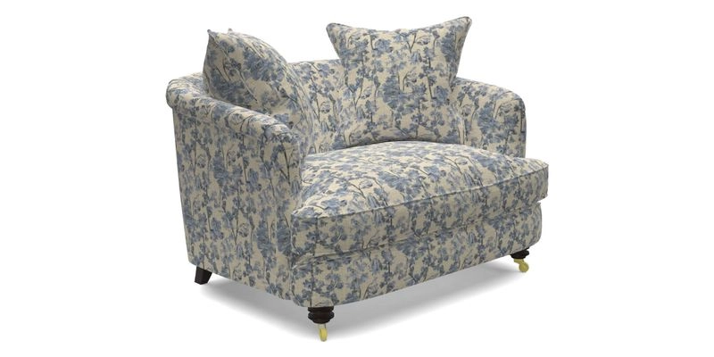 Helmsley Snuggler in V&A Threads of India Opulent Velvets Forest Creatures Hunter piping in Swiss Velvet Olive and scatter in Stockport Stripe Flame