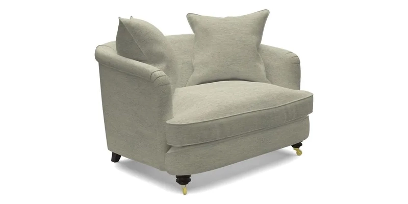 Helmsley Snuggler in V&A Threads of India Opulent Velvets Forest Creatures Hunter piping in Swiss Velvet Olive and scatter in Stockport Stripe Flame