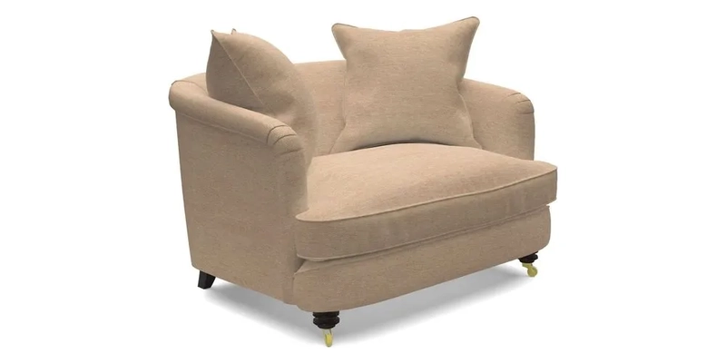 Helmsley Snuggler in V&A Threads of India Opulent Velvets Forest Creatures Hunter piping in Swiss Velvet Olive and scatter in Stockport Stripe Flame