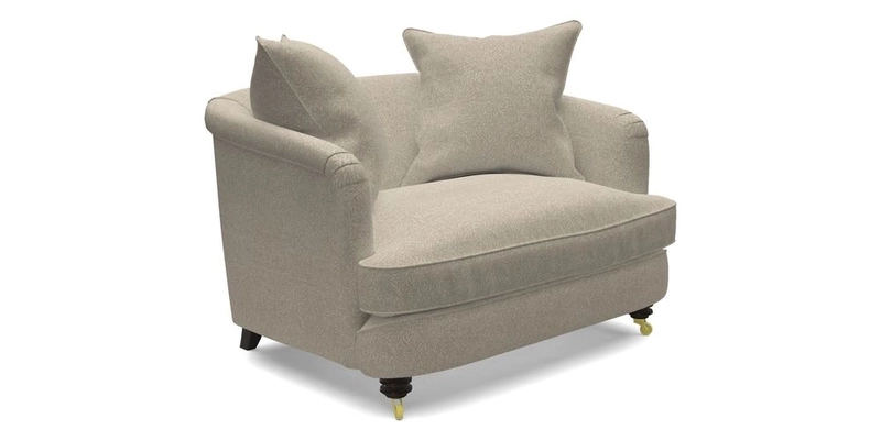 Helmsley Snuggler in V&A Threads of India Opulent Velvets Forest Creatures Hunter piping in Swiss Velvet Olive and scatter in Stockport Stripe Flame