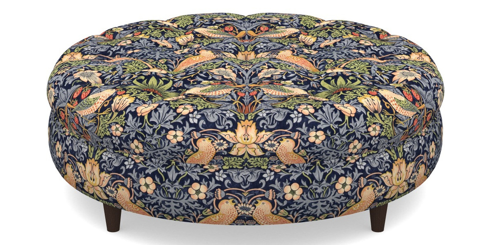 Product photograph of Helmsley Round Footstool In William Morris Collection - Strawberry Thief - Indigo Mineral from Sofas and Stuff Limited