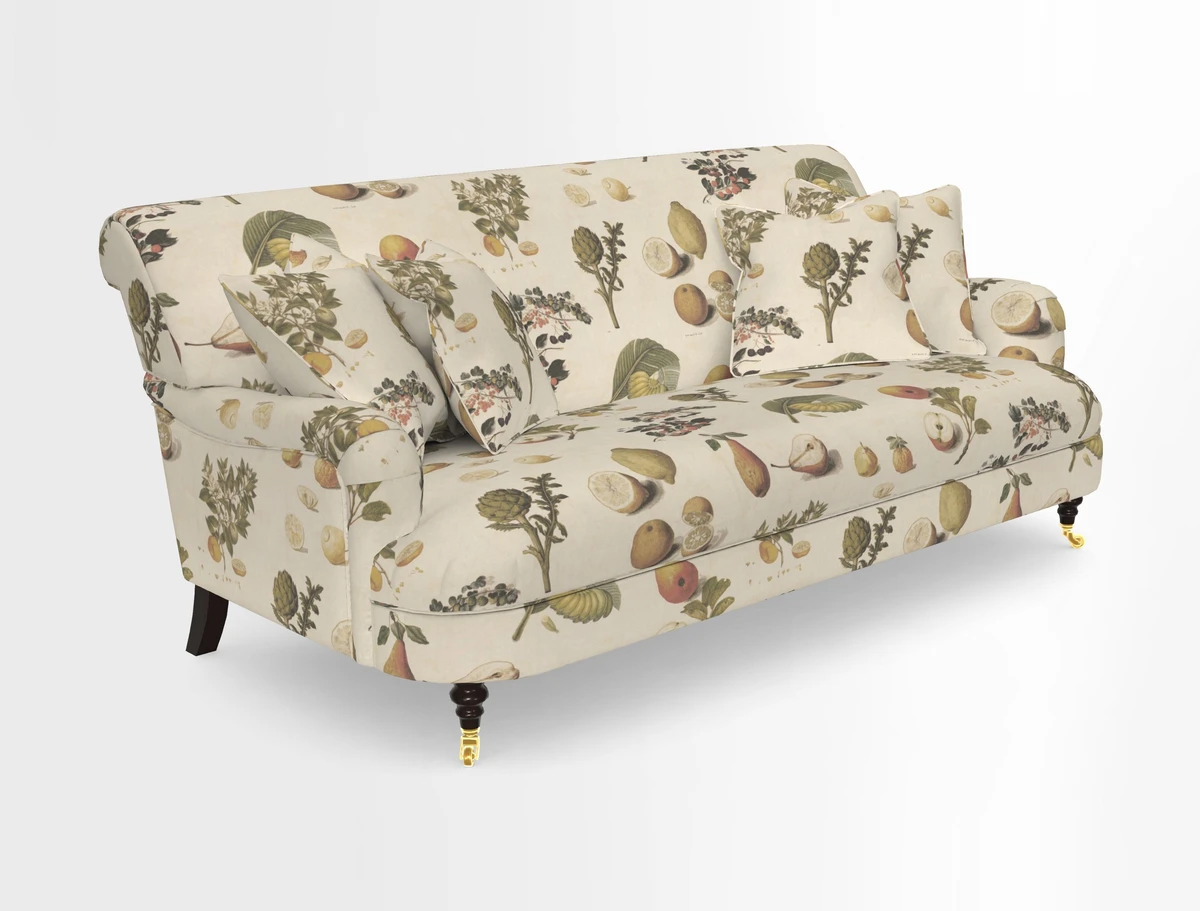 Holmfirth 3 Seater Seater Sofa in RHS Collection on Velvet Pieter van Kouwenhoorn Tulips with scatters in Almost Plain Velvet Maple and Brick